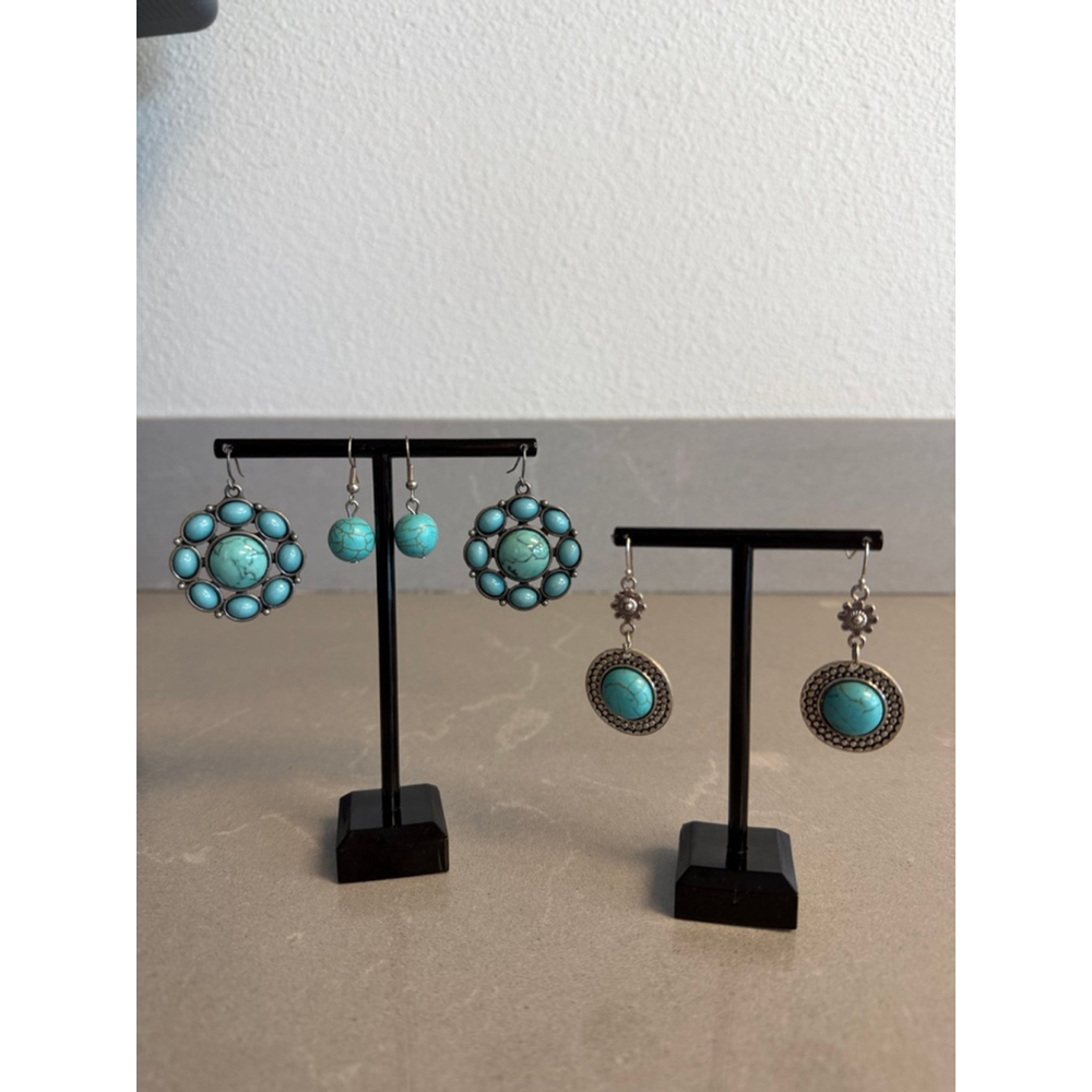Turquoise Cluster Dangle Earrings Boho Southwestern Silver Tone Round Statement